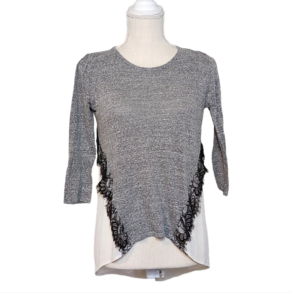 Xhilaration Small Gray Cream Sheer 3/4 Sleeve Lace High Low Blouse Shirt